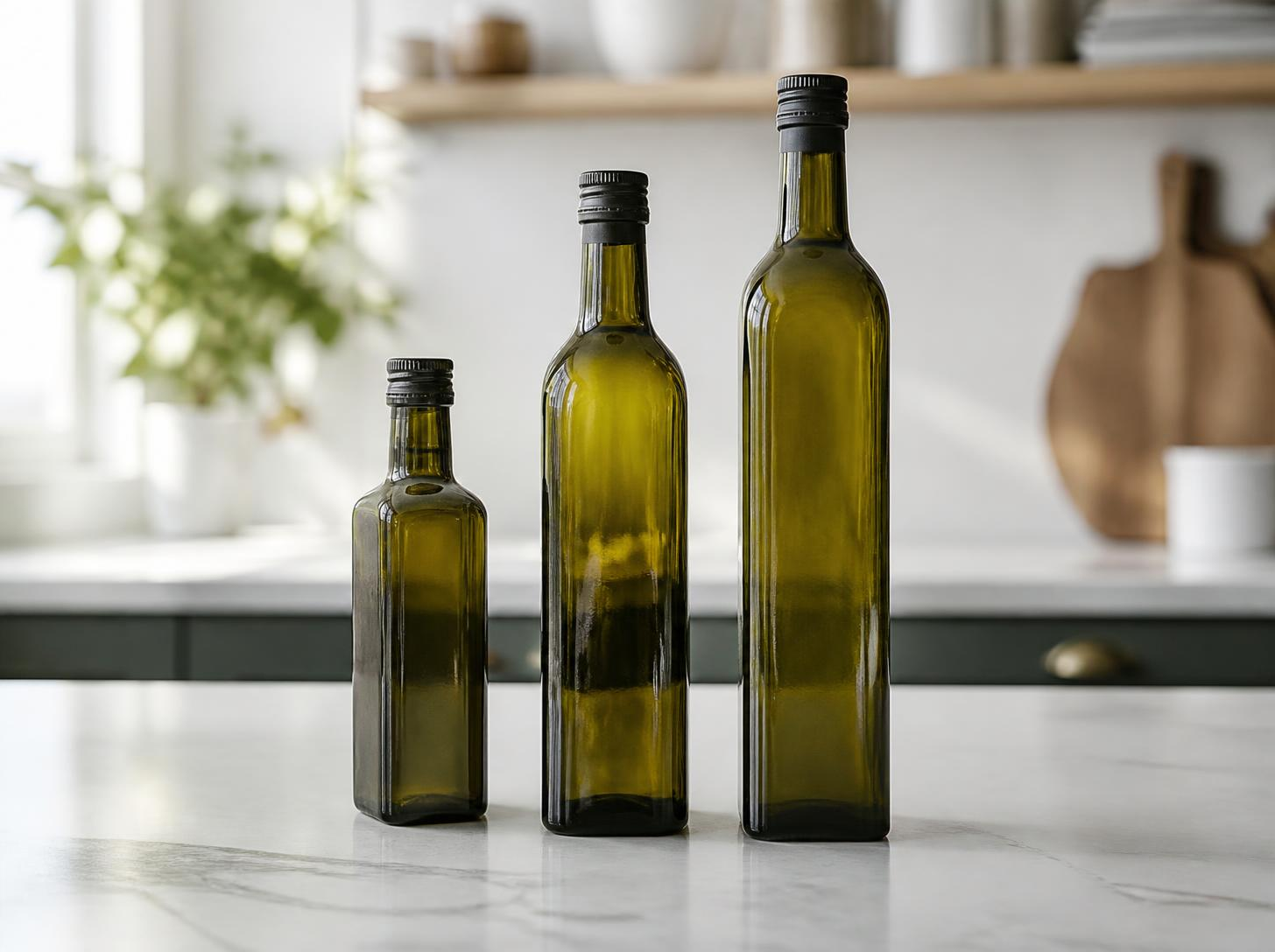bottles of healthier cooking oils on a kitchen counter